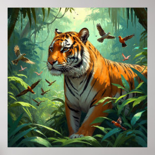 Beautiful Tiger with Birds in Jungle Poster