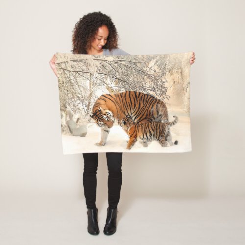 Beautiful Tiger with Cub in the Snow Fleece Blanket