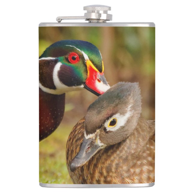 Beautiful Touching Moment Between Wood Ducks Hip Flask (Front)