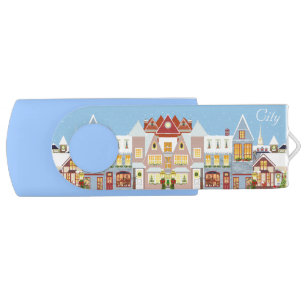 Beautiful town houses in winter on light blue flash drive