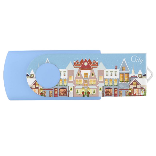 Beautiful town houses in winter on light blue flash drive (Front)