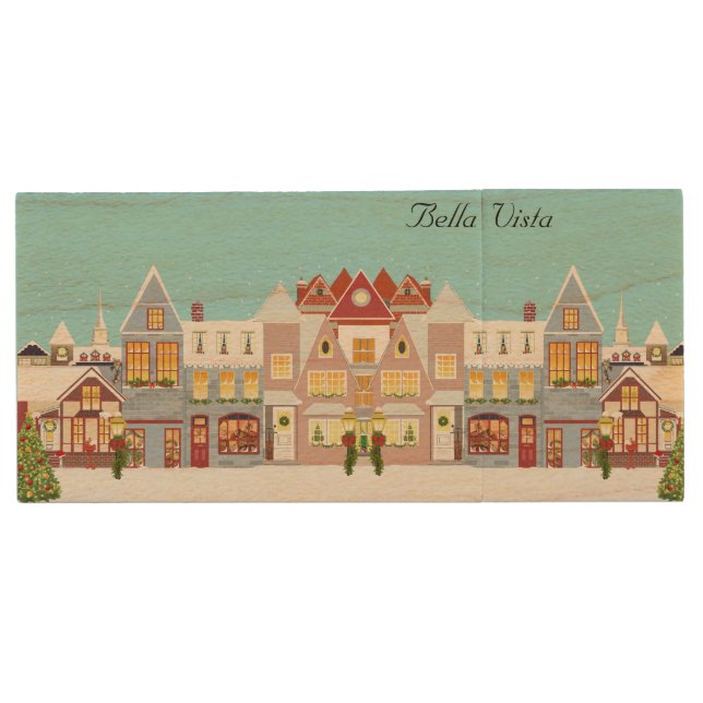 Beautiful town houses in winter on light blue wood flash drive (Front)