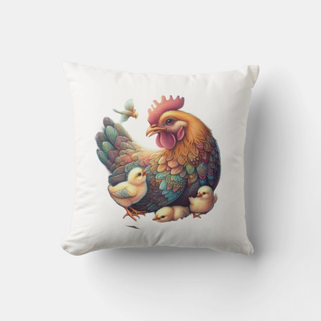 🌿 Beautiful Traditional Art: Hen with Chicks. Throw Pillow (Front)