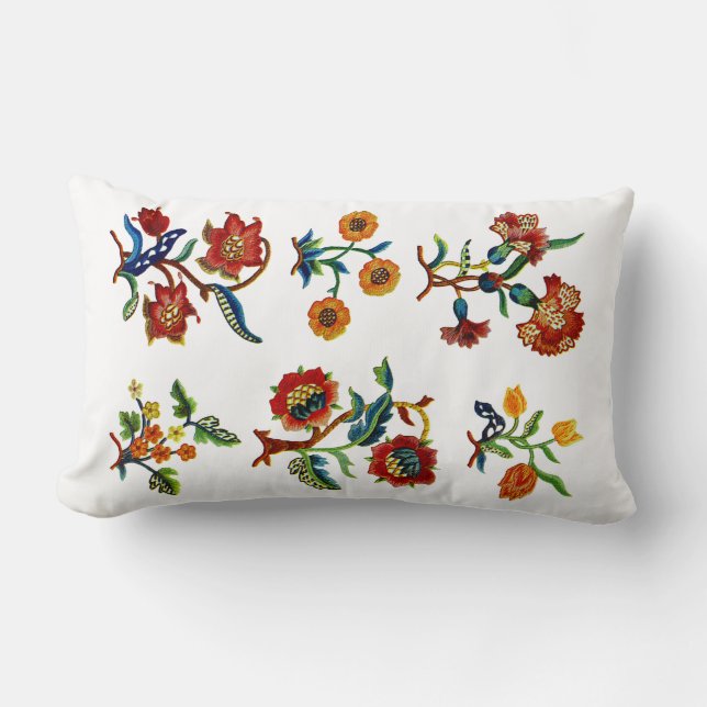 Beautiful Traditional Jacobean Crewel Embroidery Lumbar Pillow (Front)