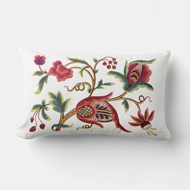Beautiful Traditional Jacobean Crewel Embroidery Lumbar Pillow (Front)
