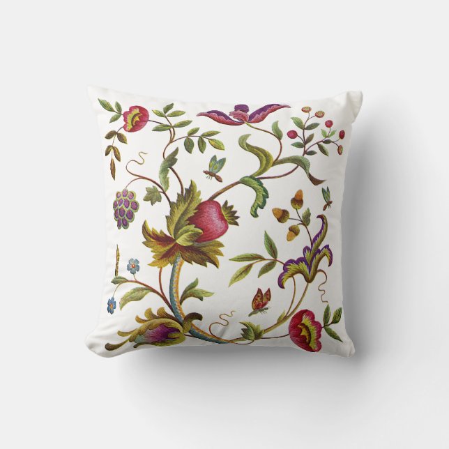 Beautiful Traditional Jacobean Crewel Embroidery Throw Pillow (Front)