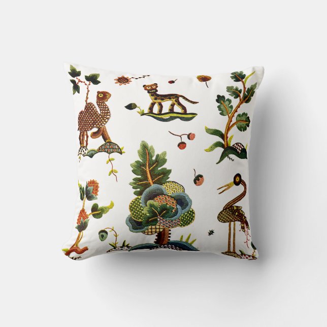 Beautiful Traditional Jacobean Crewel Embroidery Throw Pillow (Front)