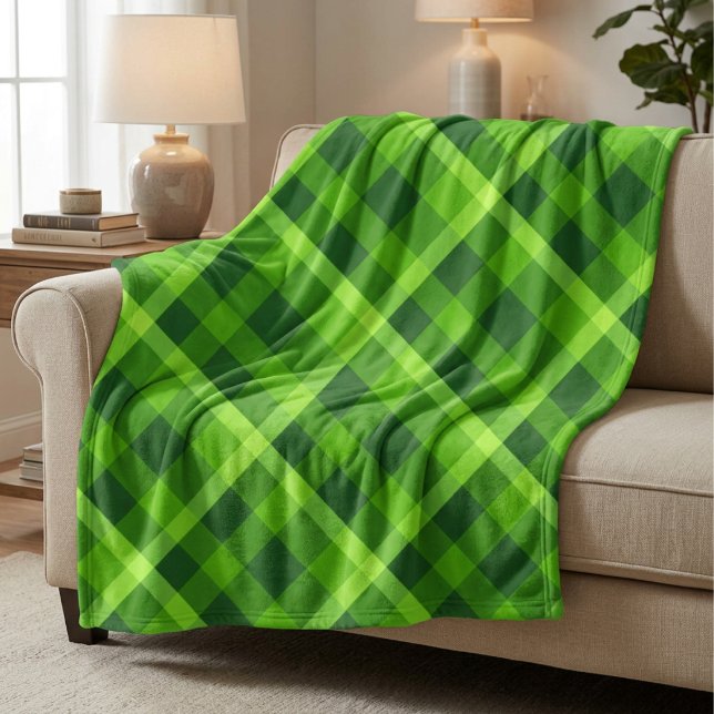 Beautiful Tree Green Plaid Large Fleece Blanket (Beautiful Tree Green Plaid Large Fleece Blanket draped over a sofa in a living room.)