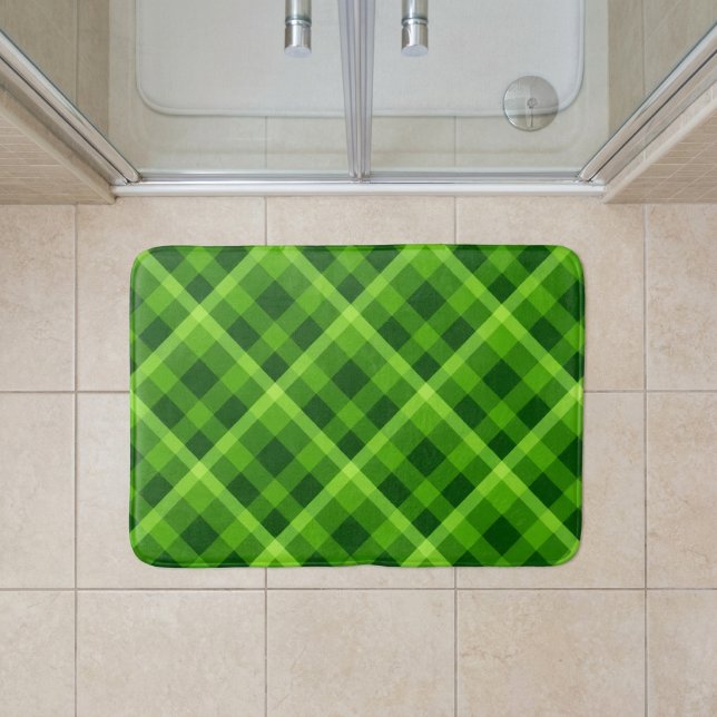 Beautiful Tree Green Plaid Medium Bath Mat (Beautiful Tree Green Plaid Medium Bath Mat on a tiled floor in front of shower in a bathroom.)