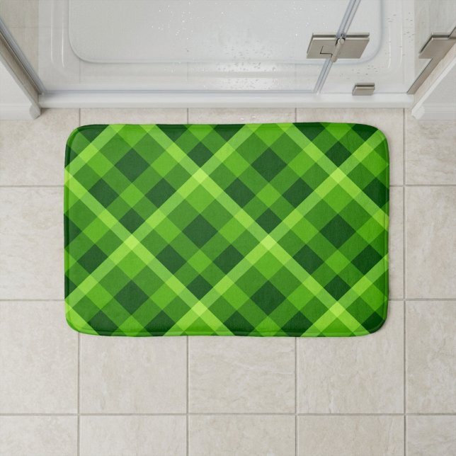 Beautiful Tree Green Plaid Small Bath Mat (Beautiful Tree Green Plaid Small Bath Mat on a tiled floor in front of shower in a bathroom.)
