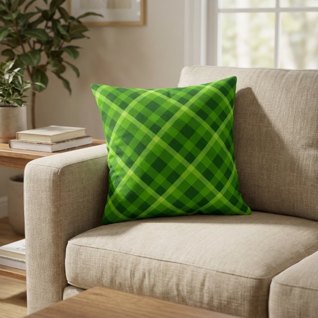 Beautiful Tree Green Plaid Throw Pillow (Beautiful Tree Green Plaid Throw Pillow on a sofa in a living room.)