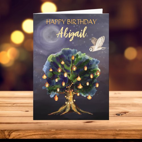 Beautiful Tree Lanterns Moon Owl Happy Birthday Card