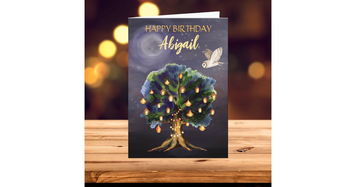 Beautiful Tree Lanterns, Moon, Owl Happy Birthday Card | Zazzle