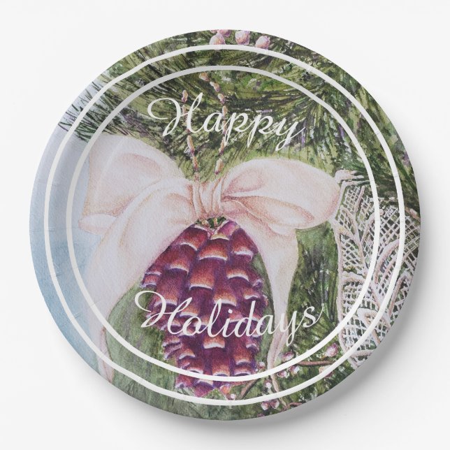 Beautiful Tree Pine Cone Happy Holiday Party Paper Plates (Front)