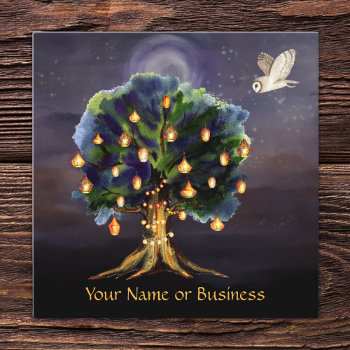 Beautiful Tree With Lanterns  Moon And Owl Square Business Card by StuffByAbby at Zazzle
