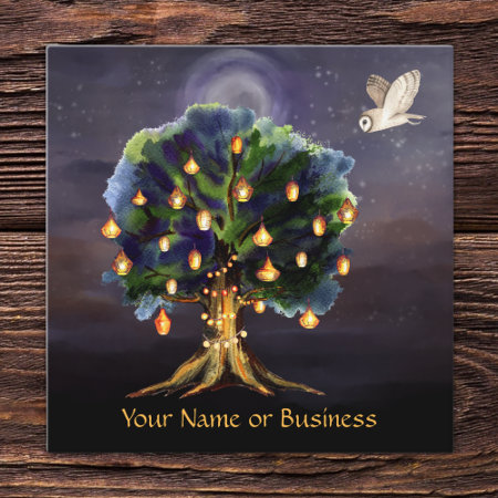 Beautiful Tree With Lanterns, Moon And Owl Square Business Card