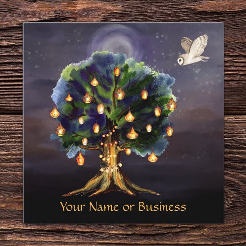 Beautiful Tree with Lanterns Moon and Owl Square Business Card