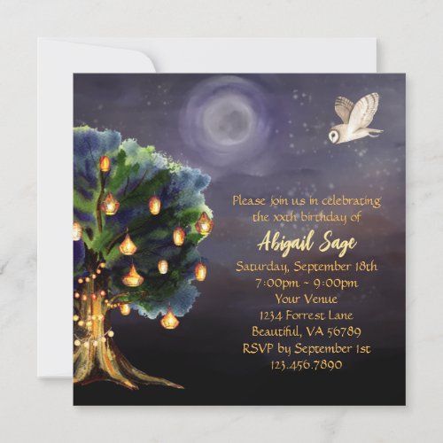 Beautiful Tree with Lanterns Moon Owl Birthday Invitation