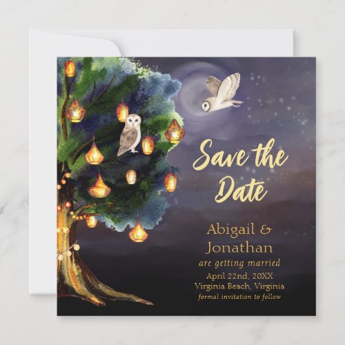 Beautiful Tree with Lanterns Moon Owl Wedding Save The Date