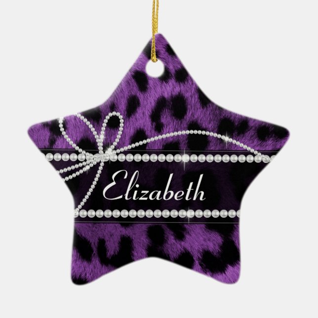 Beautiful trendy faux purple leopard animal print ceramic ornament (Front)