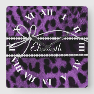 Beautiful trendy faux purple leopard animal print square wall clock