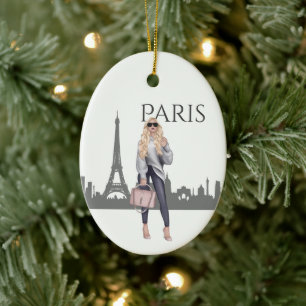Beautiful Trendy Girl in Paris Christmas Ceramic Ornament