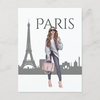 Beautiful Trendy Girl in Paris with Eiffel Tower Postcard