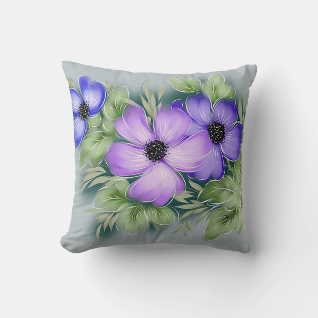 Beautiful Trendy Hand Painted Floral Throw Pillow (Front)