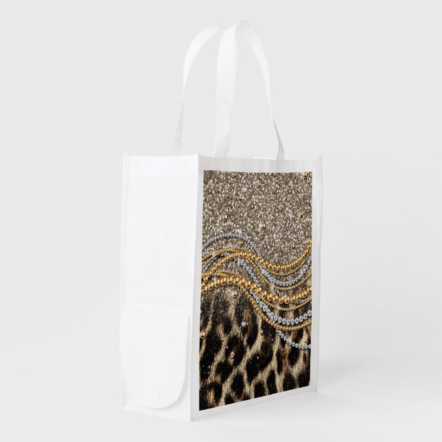 Beautiful trendy leopard faux animal print grocery bag (Front Side)