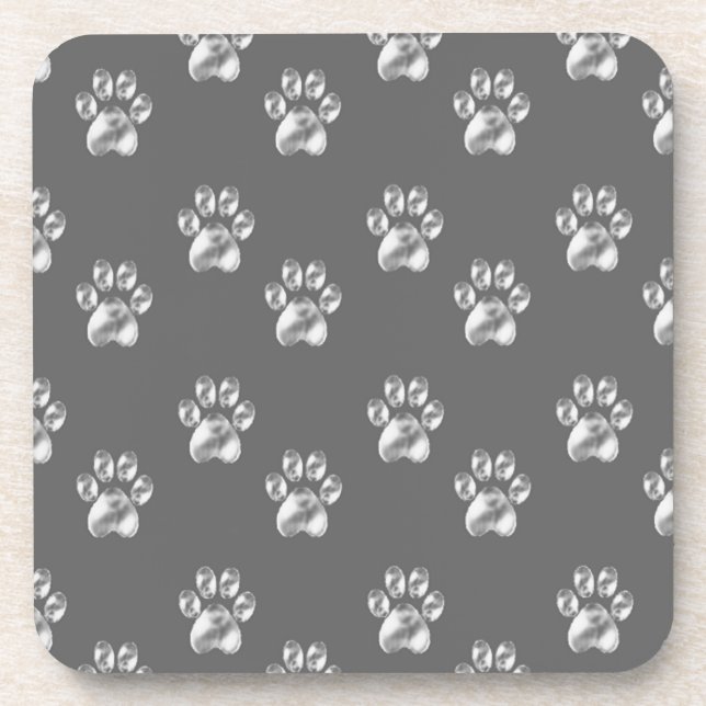 Beautiful trendy paw pattern on dark gray drink coaster (Front)