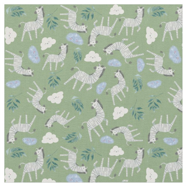 Beautiful trendy safari animals jungle sage green  fabric (Close Up)