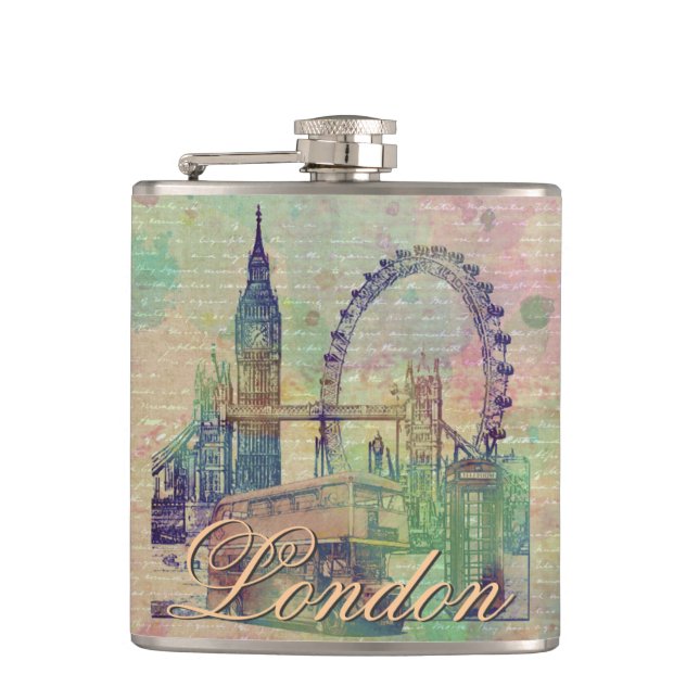 Beautiful trendy Vintage London Landmarks Flask (Front)