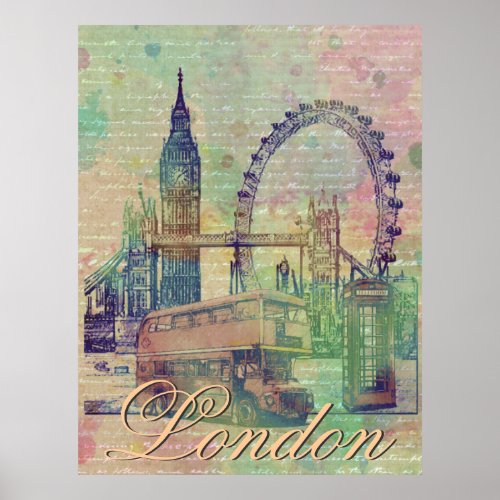 Beautiful trendy Vintage London Landmarks Poster