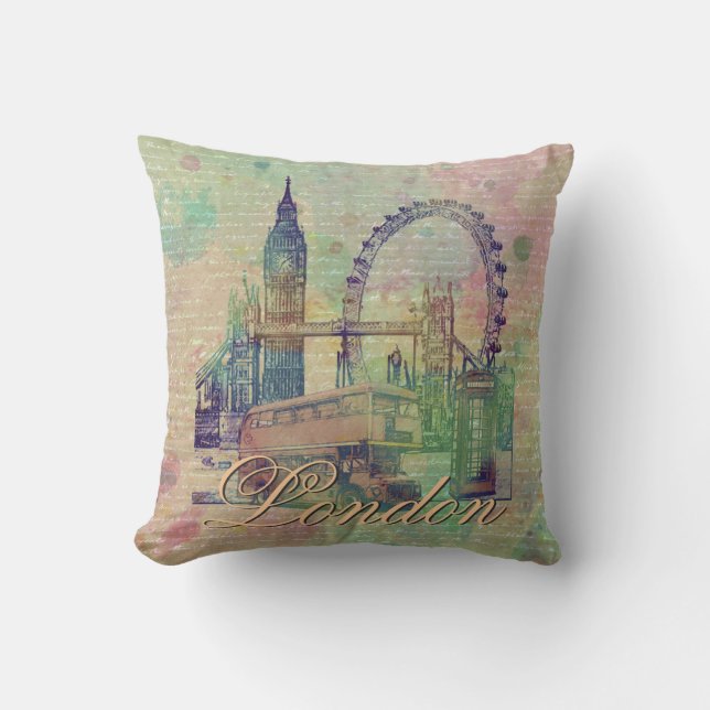 Beautiful trendy Vintage London Landmarks Throw Pillow (Front)