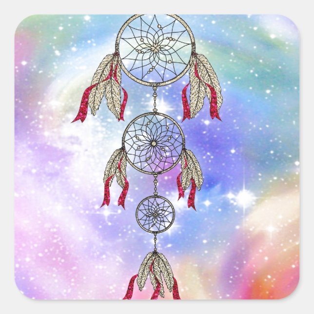 Beautiful trendy whimsical  dream-catcher feathers square sticker (Front)