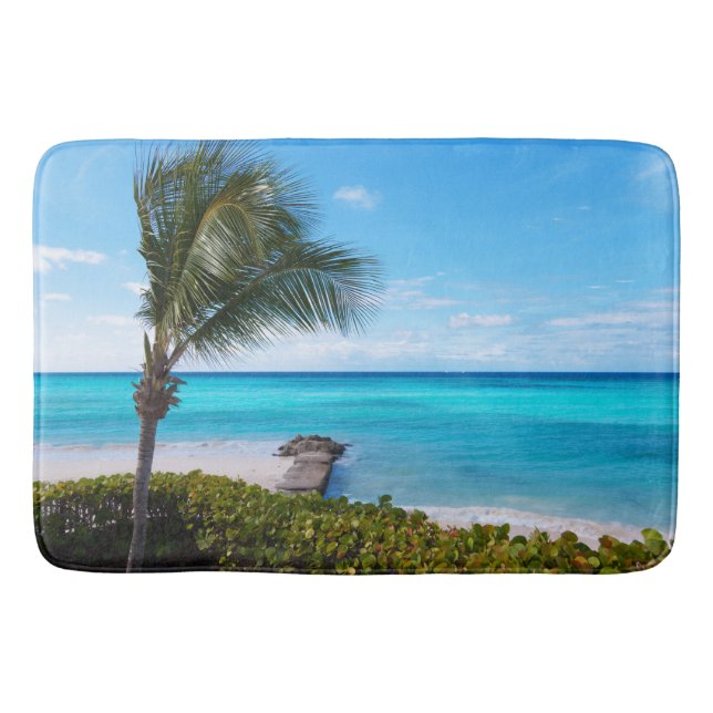 Beautiful Tropical Beach Breezy Palm Tree Bath Mat (Front)