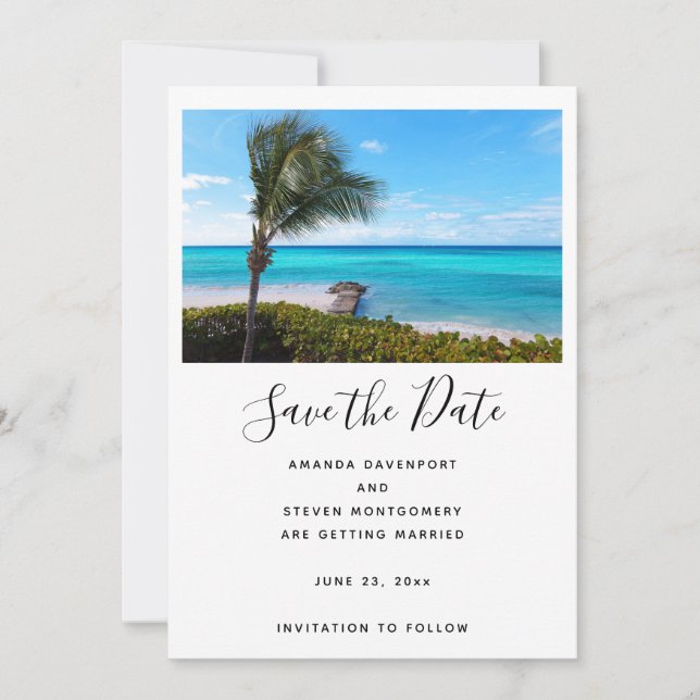 Beautiful Tropical Beach Breezy Palm Tree Wedding Save The Date (Front)