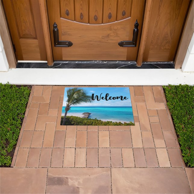 Beautiful Tropical Beach Breezy Palm Tree Welcome Doormat (Outdoor)