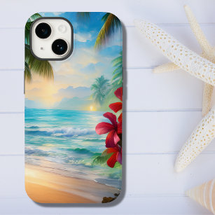 Beautiful Tropical Beach, Palm Trees and Flowers Case-Mate iPhone 14 Case