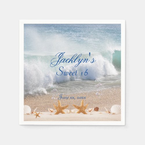 Beautiful Tropical Beach Seashells Waves Sweet 16  Napkins