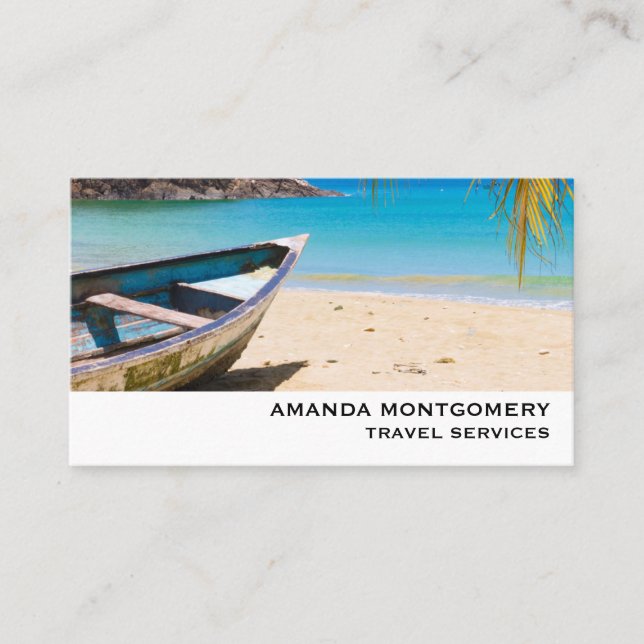 Beautiful Tropical Beach with a Rowboat Business Card (Front)