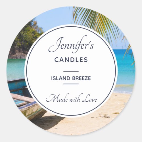 Beautiful Tropical Beach with a Rowboat Candle Classic Round Sticker