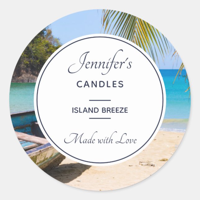 Beautiful Tropical Beach with a Rowboat Candle Classic Round Sticker (Front)
