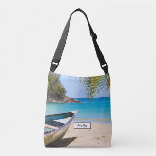 Beautiful Tropical Beach with a Rowboat Crossbody Bag