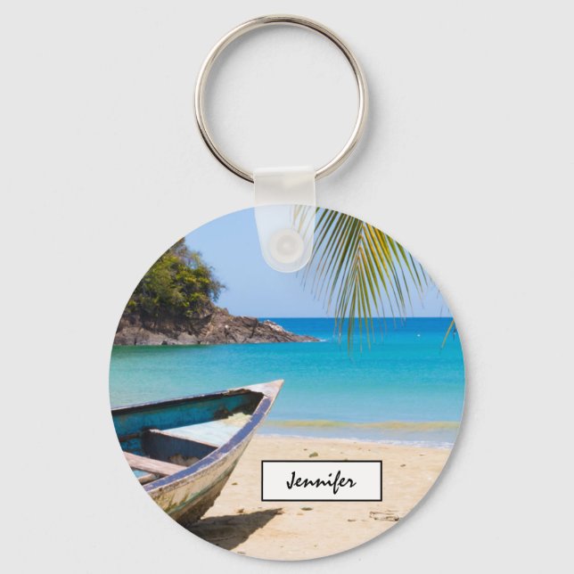 Beautiful Tropical Beach with a Rowboat Keychain (Front)