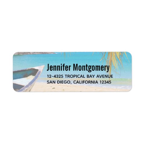 Beautiful Tropical Beach with a Rowboat Label