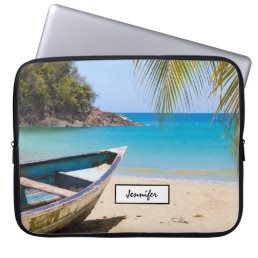 Beautiful Tropical Beach with a Rowboat Laptop Sleeve