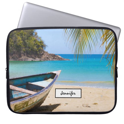 Beautiful Tropical Beach with a Rowboat Laptop Sleeve