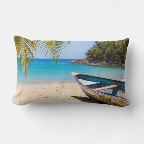 Beautiful Tropical Beach with a Rowboat Lumbar Pillow