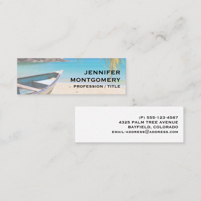 Beautiful Tropical Beach with a Rowboat Mini Business Card (Front/Back)